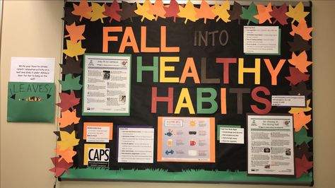 Fall RA Bulletin Board - Healthy Habits Healthy Habits Ra Bulletin Board, Fall Ra Board Ideas, Fall Into Healthy Habits Bulletin Board, Thanksgiving Ra Bulletin Boards, Mental Health Ra Bulletin Board, Healthy Relationships Bulletin Board, Ra Bulletin Boards Fall, Ra Board Ideas, School Nurse Elementary