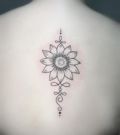 Sunflower Spine Tattoos For Women, Minimalistic Sunflower Tattoo, First Tattoo Ideas, Ying Yang Tattoo, Yang Tattoo, Henna Ideas, Tasteful Tattoos, Spine Tattoos For Women, Initial Tattoo