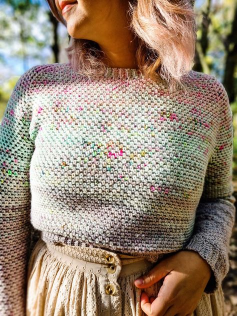 Confetti DK Pullover (ADULT) – Plyful Garter Stitch Raglan Sweater, Three Colour Crochet Sweater, Linen Stitch Sweater Pattern, Simple Colorwork Sweater Crochet, Ladder Stitch Sweater, Confetti Yarn Projects, Linen Stitch Crochet Sweater Pattern, Speckled Yarn Crochet Patterns, Multicolor Crochet Sweater