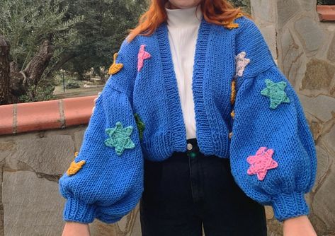 Blue Moon and Star Cardigan Chunky Knit Sweater Hand Knitted - Etsy Star Cardigan, 3d Pokemon, Silly Clothes, Balloon Sleeve Sweater, Chunky Knit Sweater, Chunky Cardigan, Moon And Star, Hand Knitted Sweaters, Chunky Knits Sweater