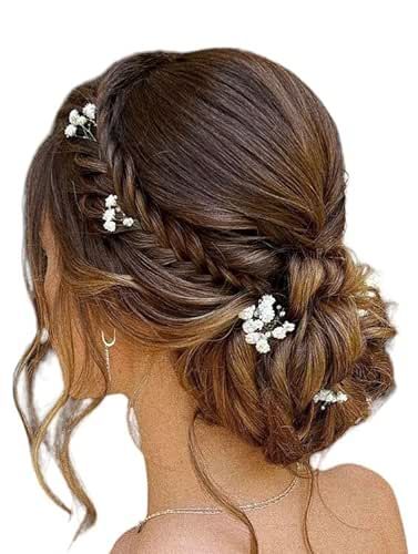 Low Updo Wedding Hair With Flowers, Wedding Hair White Flowers, Bride Updo With Flowers, Baby's Breath In Hair, Wedding Hair With Baby Breath, Flowery Hairstyle, Bridesmaid Hair With Flowers, Wedding Guest Updo, Bridal Waves