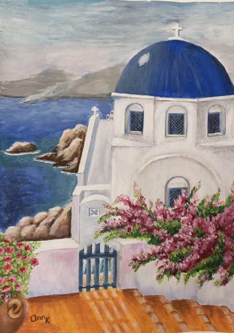 Greece Landscape, Landscape Painting Watercolor, Greece Painting, Greek Paintings, Greece Art, Landscape Art Painting, Nature Art Painting, Santorini Greece, Art Painting Acrylic