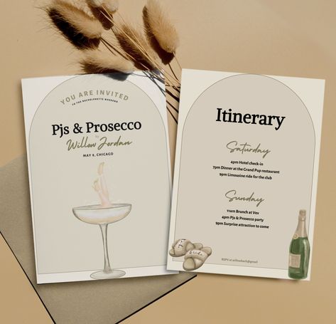 Champagne Party Invitations, Bachelorette Party Champagne Theme, Pjs And Processo Theme, Pjs And Prosecco Aesthetic, Prosecco And Pjs Bachelorette, European Bachelorette Party, Bachelorette Party Pjs, Sophisticated Bachelorette Party, Engament Party Themes