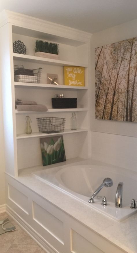 Built In Bathtubs Ideas, Tub With Ledge At End, Farmhouse Tub Surround Ideas, Tub Insert Remodel, Floating Shelves Over Bathtub, Bathroom Jetted Tub Ideas, Update Jetted Tub Surround, Tub With Built In Shelves, Jetted Tub Surround Ideas Master Bath