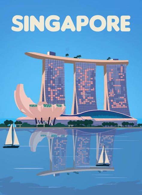 Singapore Illustration, Singapore Poster, Marina Bay Singapore, Singapore Art, Singapore Photos, Singapore City, Travel Poster Design, Tourism Poster, Building Illustration