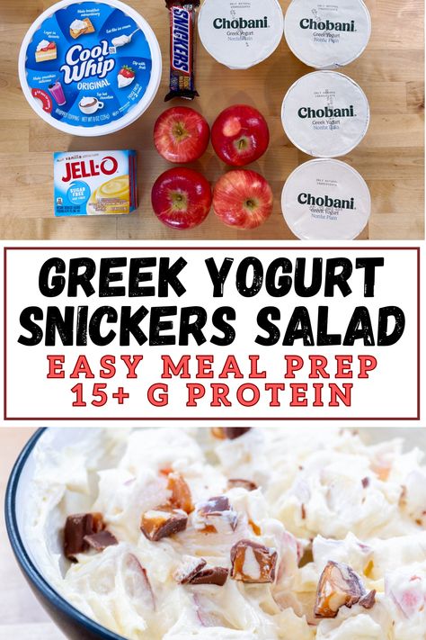 Greek Yogurt Snickers Salad (high-protein dessert) - It starts with protein Healthy Snickers Salad, Yogurt Snickers, Snickers Protein, Snicker Apple Salad, Snickers Salad, Whipped Yogurt, Make Greek Yogurt, High Protein Desserts, Healthy Greek Yogurt