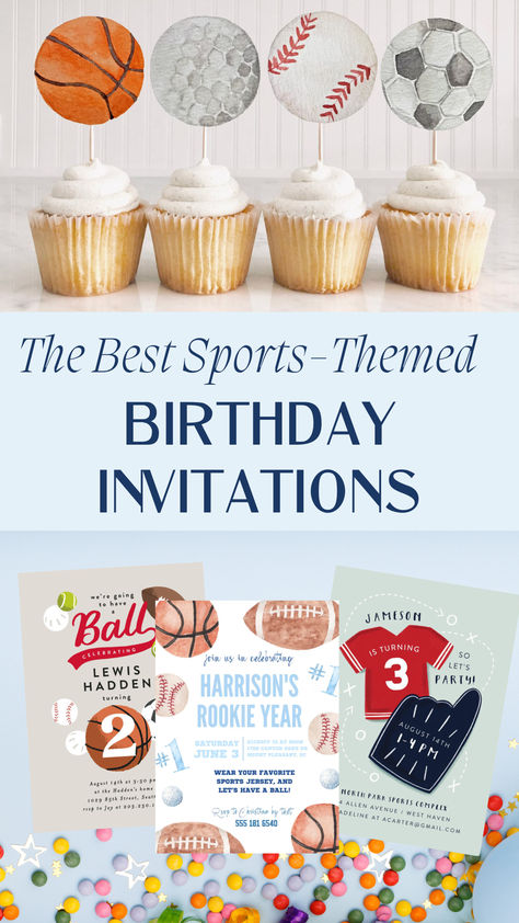 The Cutest Sports-Themed Birthday Invitations Sports Birthday Party Activities, Two Year Old Sports Birthday Party, Sports 1st Birthday Party Boys, Sports Birthday Party Boys, Sports Themed Birthday Party Ideas, Kids Sports Birthday Party, Sports Theme Birthday Party, Sports Birthday Invitations, Baseball First Birthday