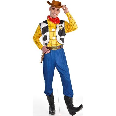 Toy Story Adult Woody Costume includes:  Jumpsuit Hat Bandana Belt Holster  More on Toy Story Adult Woody Costume: Become everyone's favorite toy cowboy with this Woody Costume for adults! Featuring a jumpsuit with a yellow long-sleeve top attached cow-print vest red bandana brown belt and denim-print pants you'll be the spitting image of Woody from the movie Toy Story 4. Top off your rootin' tootin' sheriff look with the side holster and brown cowboy hat. Howdy howdy howdy! Shoes not included. Mens Woody Costume, Woody Costume, Brown Cowboy Hat, Toy Story Costumes, Costume Disney, Chapeau Cowboy, Halloween Costume Shop, Halloween Store, Costume Themes