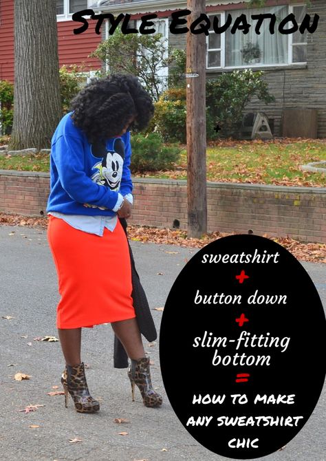 Style Equation: The Easy Way to Dress Up a Sweatshirt Sweatshirt And Pencil Skirt Outfit, Sweatshirt To Work Outfit, Business Casual Sweatshirt Outfit, Skirts And Sweatshirts Outfit, Sweatshirt And Skirt Outfit Black Women, Dress Up A Sweatshirt Outfit, Skirt With Sweatshirt Outfit, Sweatshirt Over Dress Outfit, How To Wear A Sweatshirt