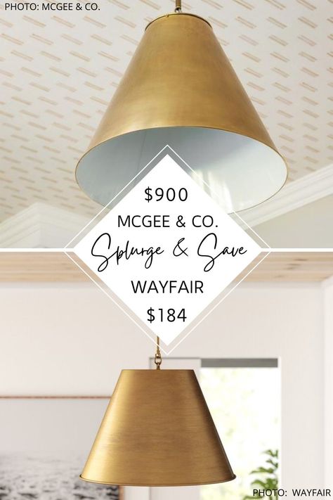 OMG this McGee and Co (Studio McGee) Goodman Pendant dupe will give you the transitional kitchen you've always dreamed of on a budget. This gold pendant would look amazing over a kitchen island, over a kitchen nook, in a bedroom, or even in an entryway. #inspiration #decor #knockoff #lookforless #design #copycat Mcgee And Co Lighting, Antique Brass Kitchen, Mcgee And Co, Entryway Inspiration, Mcgee & Co, Mid Century Lighting, Serena And Lily, Brass Pendant Light, Amber Interiors