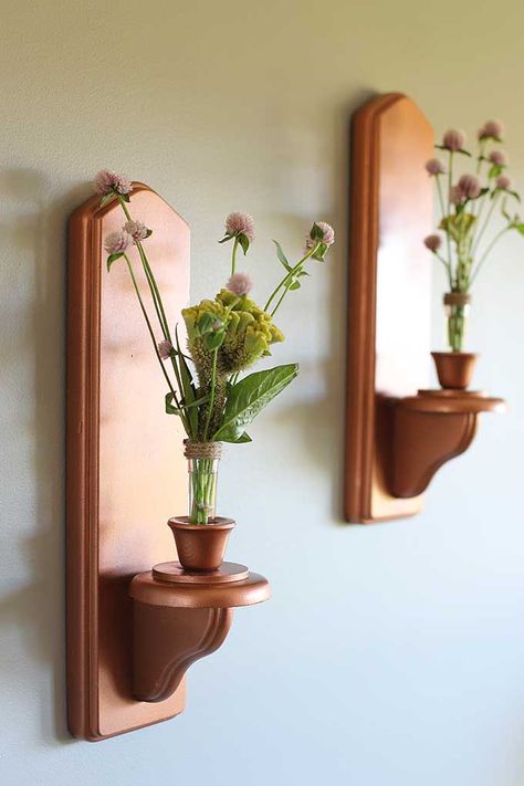 DIY copper wall sconces - a thrift store upcycle project Rustic Candle Holders Diy, Rustic Candles Diy, Wooden Candle Sconces, Wooden Wall Candle Holders, Wooden Sconces, Copper Spray Paint, Thrift Store Upcycle, Diy Copper, Carved Wood Wall Art