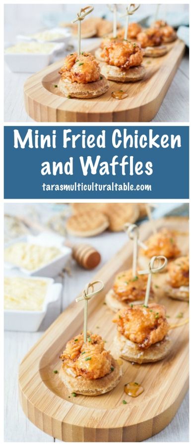 Mini Fried Chicken and Waffles - Tara's Multicultural Table Wedding Day Breakfast, Appetizers Wedding, Breakfast Chicken, Mini Waffles, Brunch Party Recipes, Fried Chicken And Waffles, Cookies Bars, Bite Size Appetizers, Favorite Appetizers