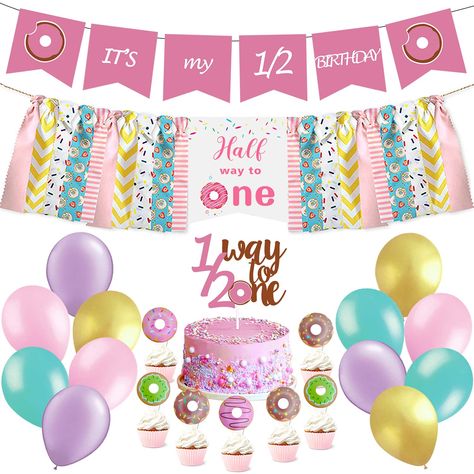 PRICES MAY VARY. Donut half birthday decorations. A great way to celebrate your baby boy's or girl's half birthday party. Package include 1 it's my 1/2 birthday banner, half way to first banner, 1/2 way to one cake topper, 7 pcs cupcake topper, 12pcs latex balloons. Our donut half birthday decorations are easy to assemble, hang them to a wall or anywhere you want. If you don't like it, We provide your money back unconditional. 1 Donut Grow Up Party, Donut Birthday Party Decorations, Donut Party Supplies, Donut Party Decorations, Half Birthday Party, Donut Birthday Party, Donut Themed Birthday Party, Balloons Cake, Grown Up Parties