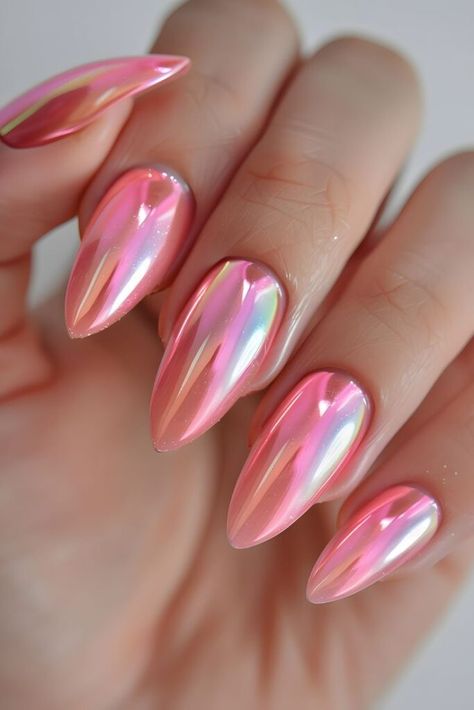 Silver Chrome Nail Designs, Nail Chrome Designs, Pink Chrome Nail Designs, Pink Summer Nail Ideas, Simple Prom Nails, Ombre Chrome, Chrome Nail Ideas, Bubblegum Pink Nails, Gel Chrome Nails