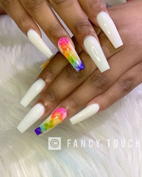 White And Rainbow Nails, White Rainbow Nails, Rainbow Ombre Nails, Umbre Nails, Gucci Nails, Rainbow Ombre, Red Acrylic Nails, Ombre Nails Glitter, Bling Acrylic Nails