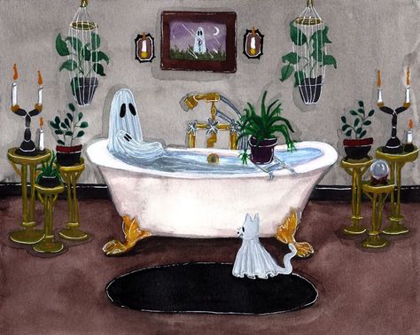 Alley 👻 on Instagram: “My newest piece, titled 'Bathtub Ghosts' is an 8x10" commissioned watercolor and gouache painting. Really loved creating this painting!…” Ghost In Bathtub, Ghost In Bathtub Painting, Bathtub Painting Art, Halloween Gouache Painting, Bathtub Painting, Ghost Paintings, Journaling 101, Halloween Canvas Art, Bathroom Pics