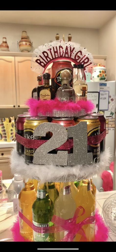 21 Alcohol Cake Tower, 18th Birthday Cake Alcohol Bottles, Alcohol Tower 21st Birthday, 21st Birthday Alcohol Cake Tower, Pink Birthday Cake With Alcohol Bottles, Drunken Barbie Cake 21st Birthday, 21st Birthday Liquor Bouquet, 21st Birthday Cake Alcohol, 21st Birthday Diy