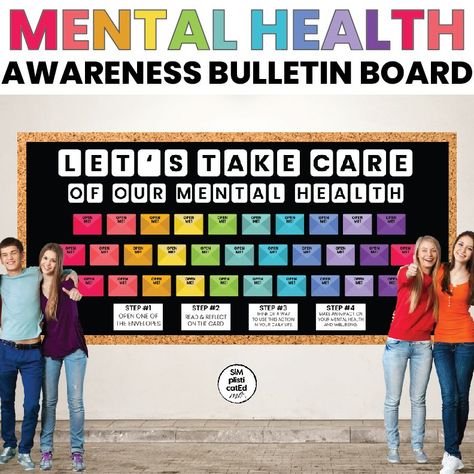 A safe and supportive space for people to share their experiences with mental health, connect with others, and find resources. #mentalhealth #mentalillness #wellness Motivational Bulletin Boards For Staff, Health Teacher Classroom Decorations, School Social Work Bulletin Boards, Health Class Bulletin Boards, School Counseling Bulletin Board Ideas, Guidance Counselor Bulletin Boards, Teacher Lounge Bulletin Board, Interactive Bulletin Boards Elementary, Sel Bulletin Board Ideas