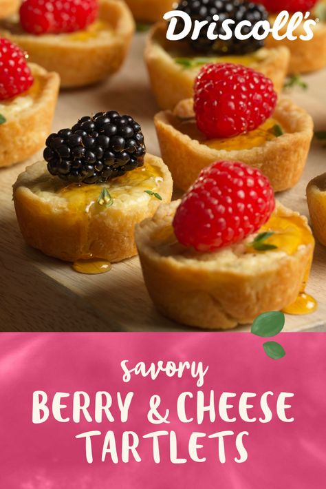 These sweet and savory cheese tartlets are topped with fresh raspberries and blackberries and drizzled with honey and thyme. With a yield of 24 tartlets, watch them disappear at your holiday party in no time! Berry Appetizers, Cheese Tartlets, Savory Cheese, Light Appetizers, Fresh Raspberries, Berries Recipes, Cocktail Parties, Sweet And Savory, Mixed Berries