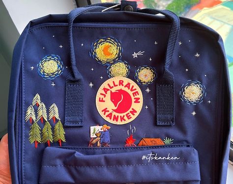 Embroidered Kanken, Kanken Embroidery, Mochila Fjallraven Kanken, فنسنت فان جوخ, Mochila Kanken, Backpack Fjallraven, Tas Mini, Embroidered Backpack, Embroidery Bags