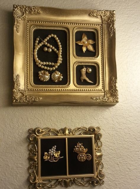 More of my old Jewelry turned into wall art in my dressing room. Old Jewelry Crafts, Costume Jewelry Crafts, Jewelry Frames, Vintage Jewelry Ideas, Vintage Jewelry Repurposed, Hanger Organizer, Vintage Jewelry Crafts, Jewelry Hanger, Art And Craft Videos