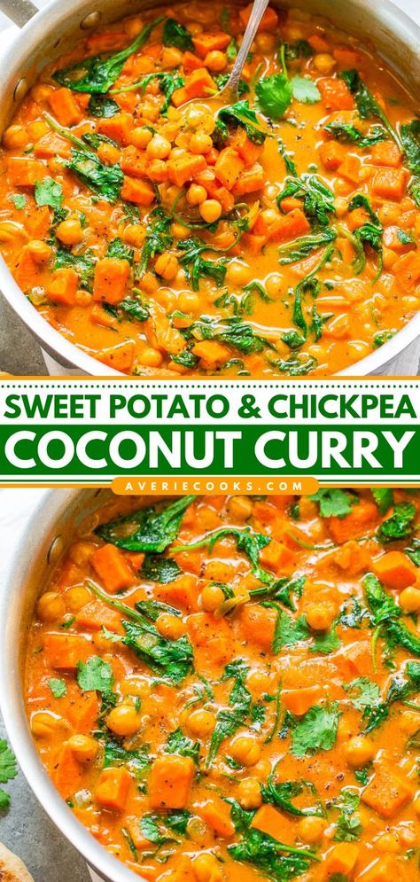 Sweet Potato and Chickpea Coconut Curry, asian inspired dishes, dinner ideas for tonight, quick and easy meals Thai Chicken Coconut Curry, Curry With Sweet Potatoes, Sweet Potato Coconut Curry, Crock Pot Curry, Sweet Potato Chickpea Curry, Chicken Coconut Curry, Creamy Coconut Curry, Chickpea Curry Recipe, Chicken Coconut