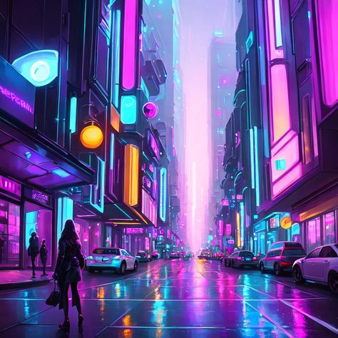 Futuristic Color Scheme, Utopia Dystopia, Light Pastel Colors, Rainbow City, Dreamy Places, Neon City, Painting Of A Woman, Awareness Poster, Workout Beginner