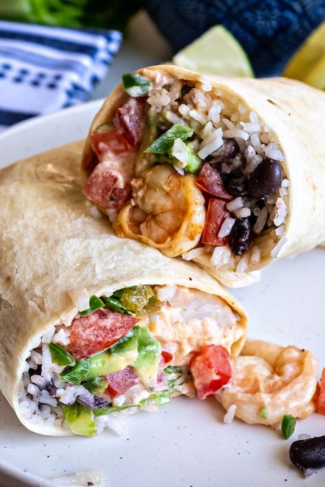 Buffalo Shrimp Wraps, Shrimp Pita, Shrimp Burrito Recipe, Shrimp Burritos, Seafood Burrito, Fish Burrito Recipe, Easy Shrimp Burrito, Baja Burrito, Shrimp Breakfast Burrito