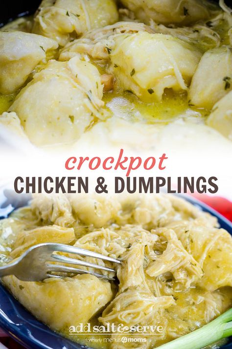 This easy and delicious crockpot chicken and dumplings with canned biscuits is a family favorite. The rich, creamy sauce with shredded, tender chicken is a winning combination even before adding the dumplings. Using cream of chicken soup and canned biscuits make this yummy dinner so easy to prepare that makes it look like I'm a great cook with virtually no effort. #chickenrecipes #kidfriendlyfood #weeknightdinners #crockpotdinner #slowcookermeals #kidfriendlyrecipe #addsaltandserve #menus4moms Chicken Dumplings With Biscuits, Crockpot Chicken Dumplings, Dumplings With Biscuits, Refrigerator Biscuits, Crockpot Chicken And Dumplings, Chicken Crockpot Recipes Easy, Canned Soup, Chicken Dumplings, Easy Crockpot Chicken