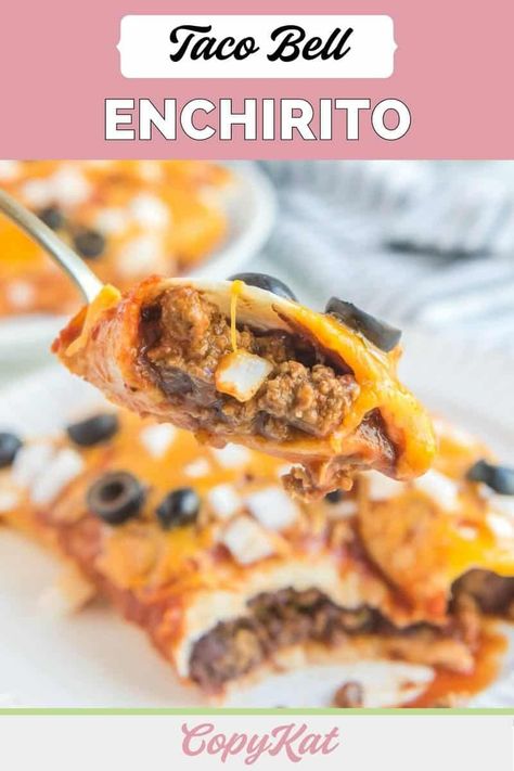 If you love burritos and enchiladas then an enchirito is for you! It's the best combo of the two with ground beef, refried beans, tortillas, sauce, olives, and cheese. You can make the best homemade enchirito with this easy Taco Bell copycat recipe. Great for a tasty Mexican dinner. Taco Bell Secret Menu, Taco Bell Enchirito, Taco Bell Enchirito Recipe, Enchirito Recipe, Taco Bell Sauce, Taco Bell Copycat, Taco Bell Recipes, Homemade Nachos, Spanish Foods