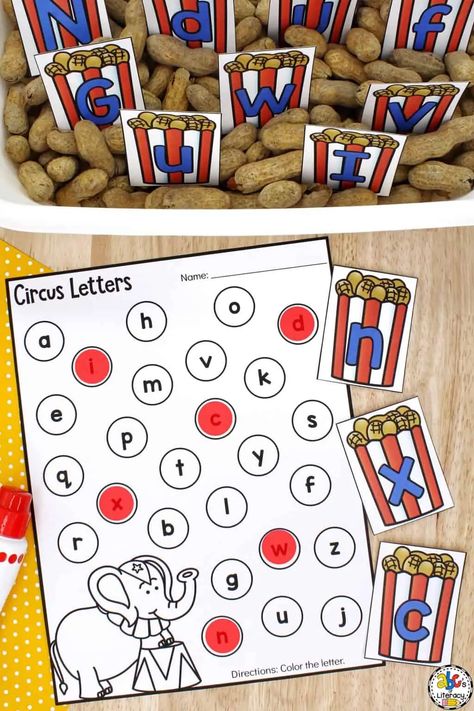 This Circus Alphabet Sensory Bin is a hands-on way for preschoolers to practice identifying capital and lowercase letters. Circus Literacy Activities, Circus Activities Preschool Learning, Circus Literacy Activities Preschool, Circus Prek Activities, Preschool Circus Crafts, Circus Sensory Bin, Circus Activities Preschool, Circus Preschool Activities, Circus Theme Preschool Activities