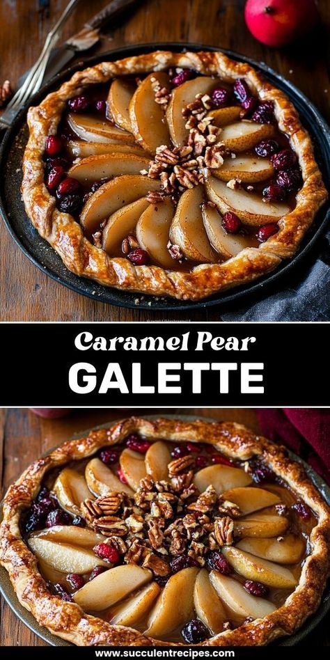 This Easy Spiced Pear Galette is a sweet and nutty delight! Drizzled with caramel and loaded with walnuts and cranberries, it's perfect for cozy fall gatherings. Pear Galette, Walnut Dessert, Caramel Pears, Galette Recipe, Comfort Desserts, Dessert Spread, Spiced Pear, Cranberry Recipes, Holiday Desserts