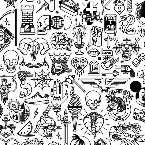 Doodles Flash Art Tattoos, Tato Flash, Tato Tradisional, Pola Tato, Art Flash, Tattoo Filler, Flash Tattoo Designs, Tattoo Flash Sheet, Flash Design