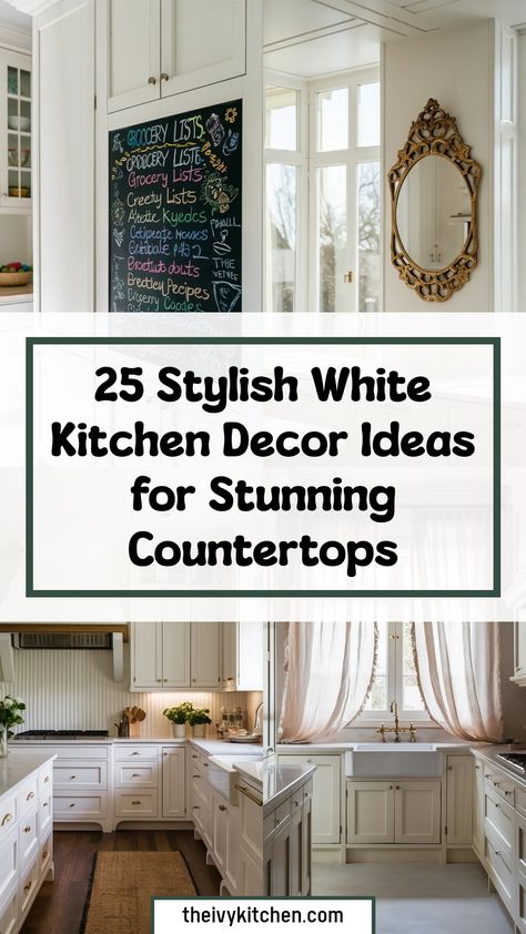 Kitchen with elegant white cabinets, a decorative mirror, and a blackboard featuring chalk-written grocery lists. Quartz Kitchen Countertops With White Cabinets, Kitchen Countertops With White Cabinets, White Kitchen Decor Ideas, Countertops With White Cabinets, Ivy Kitchen, Under Cabinet Storage, Cabinet Storage Solutions, Modern Decor Ideas, Classic White Kitchen