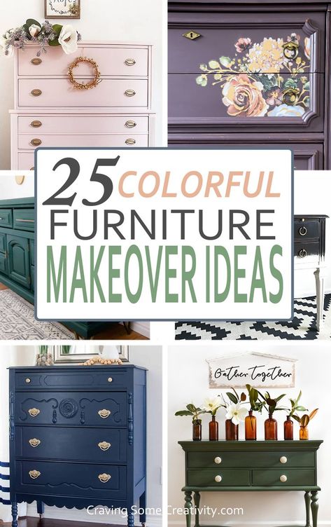 Collage of colorful painted furniture ideas. Furniture Makeover Ideas, Painted Furniture Ideas, Blending Techniques, Blue Painted Furniture, Painting Old Furniture, Repainting Furniture, Painted Bedroom Furniture, Painted Furniture Colors, Trendy Furniture