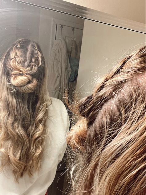 braid into messy bun half up half down Braided Buns Half Up Half Down, Spring Break Hairstyles, Half Up Bun, 2 Braids, Rope Braid, Loose Braids, Two Braids, Half Up Half Down Hair, Side Braid