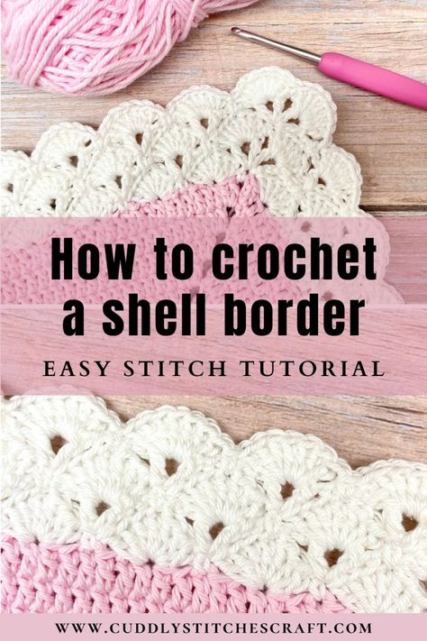 This easy stitch tutorial will show you step by step how to crochet a shell border that looks absolutely stunning, especially on a baby blanket. This crochet shell stitch might look a bit difficult at a first glance but it’s actually quite easy once you break it down round by round. It's even suitable for crochet beginners because you just need to use a few basic stitches. You can easily customise it and have a simpler or wider shell edging border. #crochet #crochetprojects #crochetpattern Scallop Trim Crochet, Crochet Shell Borders For Blankets, Embroidery On Crochet Blanket, Blanket Edge Crochet, Crochet Shell Border Scalloped Edge, Crocheted Edges And Borders, Border Stitch Crochet, How To Crochet A Border Around A Blanket, Borders For Crochet Blankets