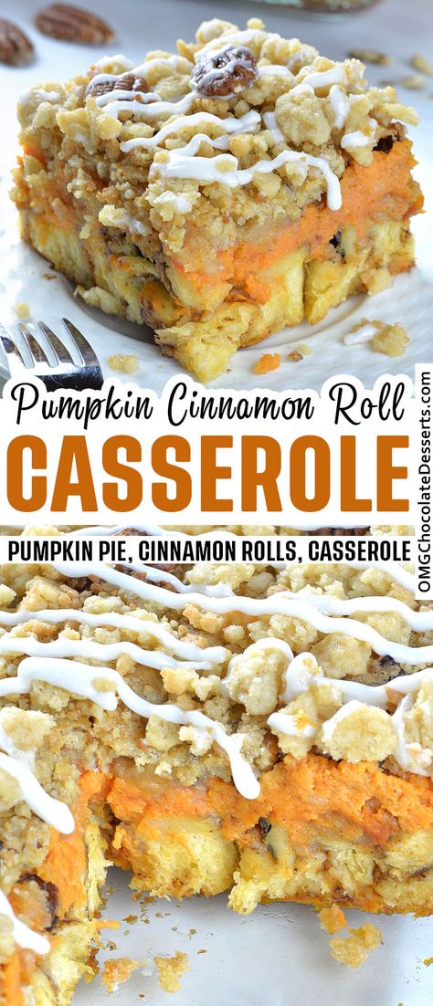 Pumpkin pie for breakfast? Yes, please! Cinnamon roll pieces baked in a pumpkin-spiced custard and topped with icing and pecans. Pumpkin Cinnamon Roll Casserole, Cinnamon Roll Casserole Recipe, Recipe Casserole, Halloween Charcuterie Board, Halloween Charcuterie, Cinnamon Roll Casserole, Cinnamon Pumpkin, Pumpkin Pecan Pie, Pie Pumpkin