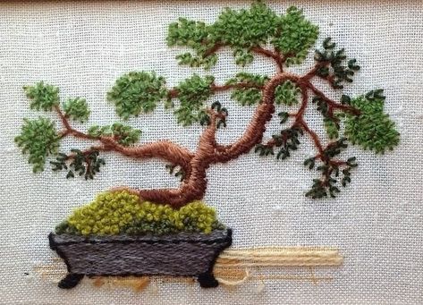 Bonsai Embroidery Pattern, Bonsai Tree Embroidery, Bonsai Cross Stitch, Bonsai Embroidery, Embroidery Trees, Silk Ribbon Embroidery Patterns, Miniature Embroidery, Tree Embroidery, Embroidery Tshirt