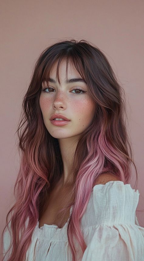 Highlights To Brown Hair, Pink Highlights In Brown Hair, Pink Underneath Hair, Brown Hair With Pink Highlights, Hair Highlight Trends, Highlights In Brown Hair, Brown And Pink Hair, Pink Hair Streaks, Pink Hair Highlights