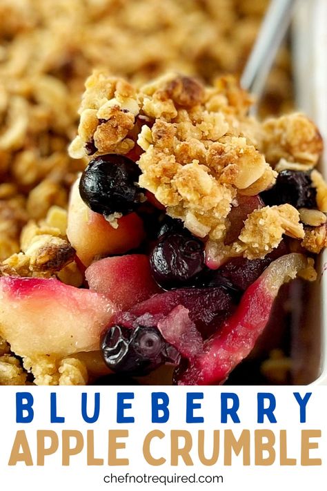 My easy recipe for apple and blueberry crumble is delicious fruit dessert. Warm and comforting this easy dessert is full of warm slices of apple and juicy blueberries, then topped with a crisp, crunchy, crumbly topping using rolled oats. This simple apple blueberry crumble recipe will be one you will use over and over again! #chefnotrequired Apple Blueberry Crisp, Apple Blueberry Crumble, Blueberry Crumble Recipes, Apple Crisp With Oatmeal, Apple Blueberry, Scoop Of Ice Cream, Peach Crumble, Fruit Crumble, Holiday Sweets