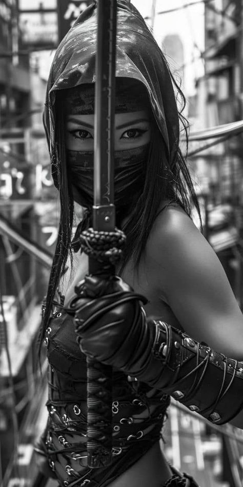 Female Yakuza, Ninja Aesthetic, Geisha Tattoo Design, Female Ninja, Female Samurai, Samurai Tattoo Design, Leather Outfits Women, Women Warriors, Chinese Warrior