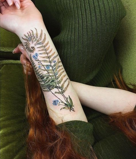 Tree Fern Tattoo, Pnw Plant Tattoo, Botanical Forest Tattoo, Enchanted Forest Tattoo Ideas, Fern Plant Tattoo, Fern Neck Tattoo, Water Tattoo Sleeve, Plant Arm Tattoo, Ferns Tattoo