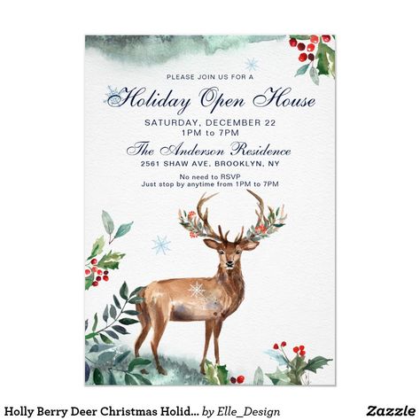 Holly Berry Deer Christmas Holiday Open House Invitation #zazzle #zazzlemade #christmas #newyear #customparty #partysupplies #custominvitation #invitations #holidaycards #customdecor #holidays #printondemand #customstationery #invitationtemplate #partyinvitation #partydecor #partydecorations #customgifts Holiday Open House Invitations, Lunch Invitation, Moving Announcement Postcard, Holiday Open House, Open House Invitation, Christmas Cocktail Party, Corporate Holiday Party, Cocktail Party Invitation, Holiday Stationery