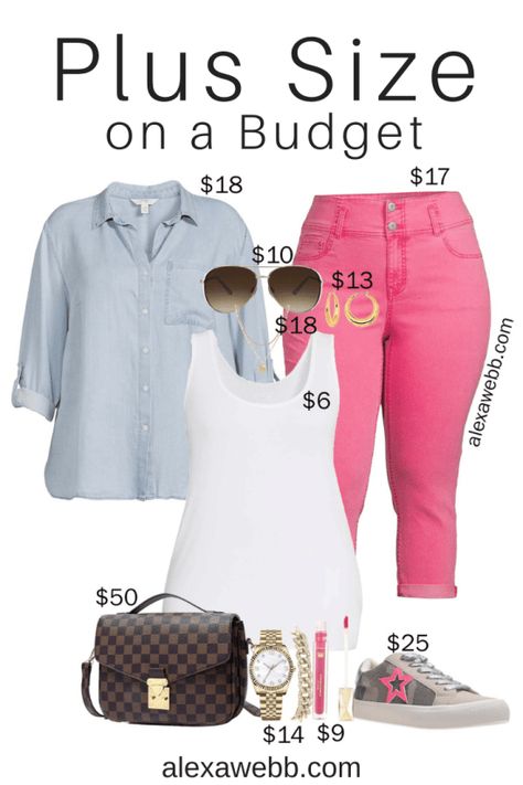 White Sneakers Outfit Summer, Plus Size Casual Summer Outfits, Plus Size On A Budget, Outfits With Pink, Summer Casual Outfits, Cropped Outfits, Light Pink Jeans, Curvy Casual Outfits, Alexa Webb