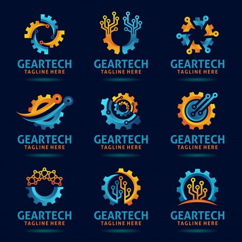 Collection of gear tech logo design Prem... | Premium Vector #Freepik #vector #logo #business #design #technology Tech Logo Ideas, Tech Logo Design, Electronics Logo Design, Minimal Logos Inspiration, Tech Tattoo, Mechanics Logo, Connect Logo, Dress Your Tech, Electronics Logo