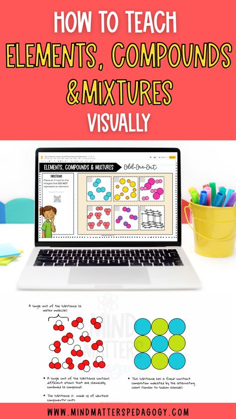 This post outlines how strategically designed particle diagrams can be used to teach element's compounds and mixtures to high school chemistry/ science students. Types Of Mixtures, Elements Compounds And Mixtures, Compounds And Mixtures, Middle School Chemistry, Chemical And Physical Changes, Teacher Motivation, Middle School Science Teacher, High School Chemistry, Teaching Chemistry