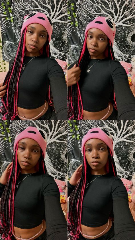 pink mouse beanie | pink beanie | pink braids | pink and black braids | black braids | instagram layout | cute beanies | braided hairstyles | braids hairstyle | black long sleeve | fall outfit | winter outfit | cold weather outfit Braids In A Beanie, Beanie With Box Braids, Braids Pink And Black, Pink Beanie Outfit, Pink And Black Braids, Beanie With Braids, Culpa Beanie, Winter Outfit Cold Weather, Winter Outfit Cold