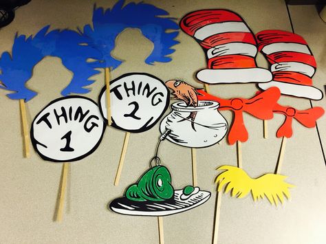 Dr. Seuss photo booth props  "Photo ops & props" Dr Seuss Photo Booth, Doctor Suess Birthday, Dr Seuss Party Ideas, Family Literacy Night, Dr Seuss Classroom, Seuss Classroom, Dr Seuss Baby Shower, Dr Seuss Week, Dr Seuss Day