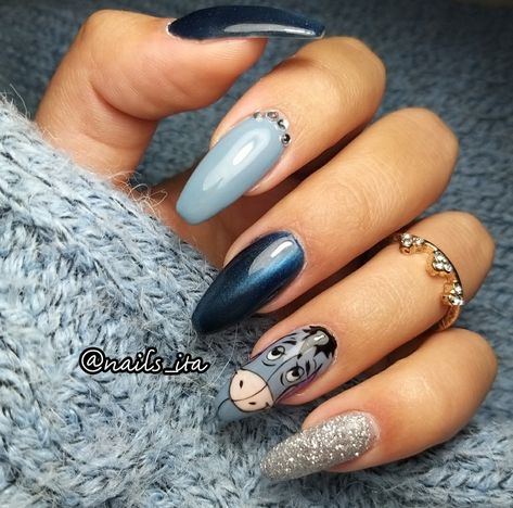 Disney Blue Nails, Thumper Nails, Winnie Pooh Nails, Disney Nail Art Designs, Nails Characters, Eeyore Nails, Disney Character Nails, Winnie The Pooh Nail Art, Winnie The Pooh Nails